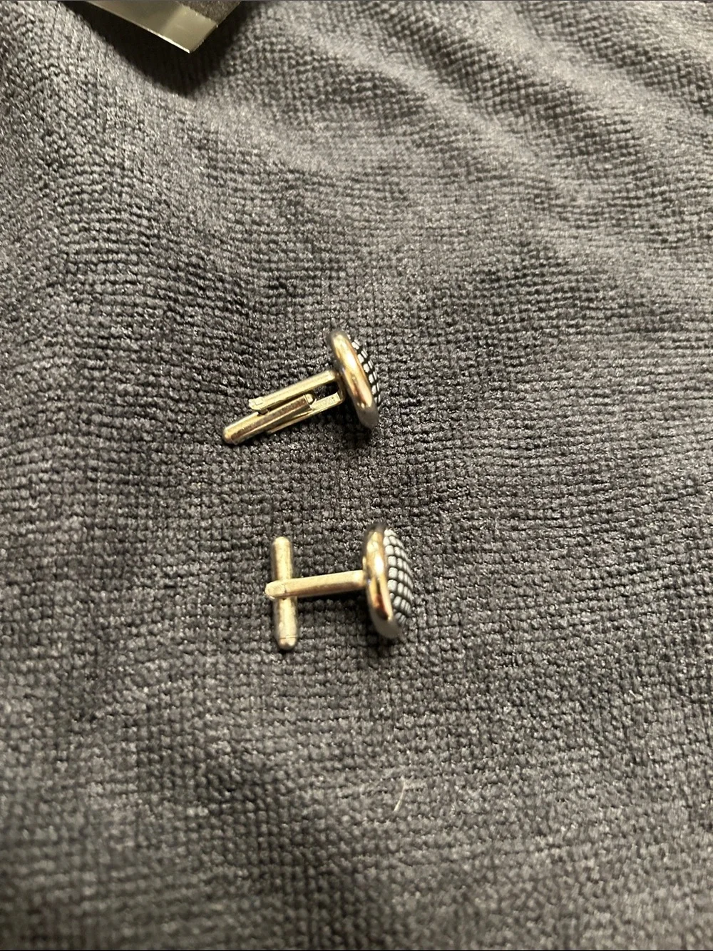 Textured Round Cuff Links in Black and Silver Tone